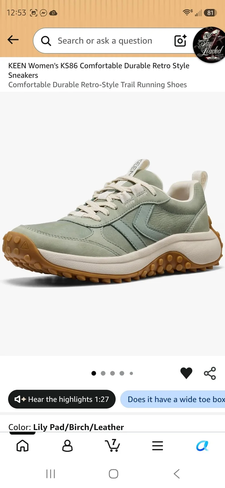 May be an image of shoes and text that says '12:53 81 Search or ask a question Sing KEEN Women's KS86 Comfortable Durable Retro Style Sneakers Comfortable Durable Retro-Style Trail Running Shoes EE ····· Hear the highlights 1:27 Does it have a wide toe box Color: Lily Pad/Birch/Leather Pad/Birch ب۴ <'